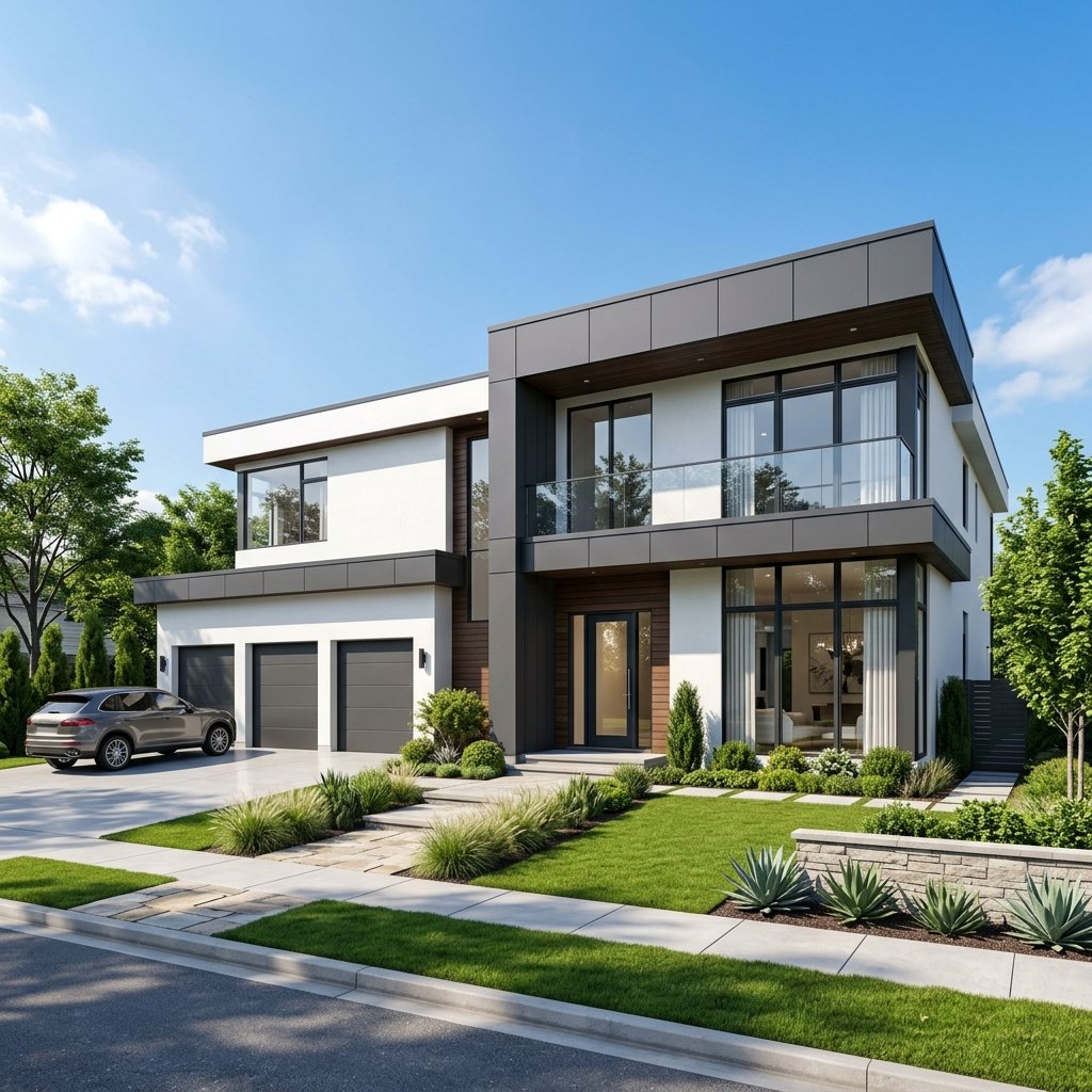 Newly painted luxury modern home exterior in sleek white and charcoal grey