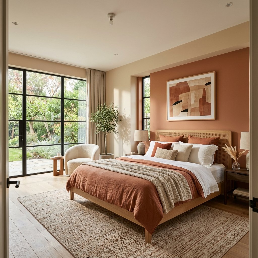 Serene luxury modern bedroom freshly painted in soft warm beige and terracotta tones in Beverly Hills